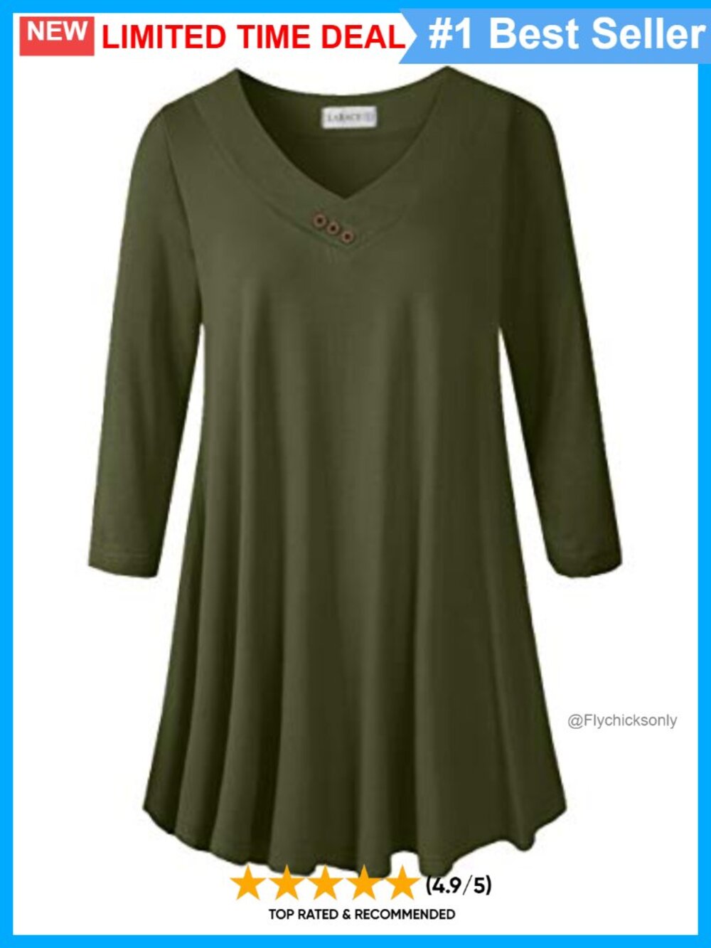Plus Size Tunic Top 3/4 Sleeve V-Neck Flowy Loose Shirt